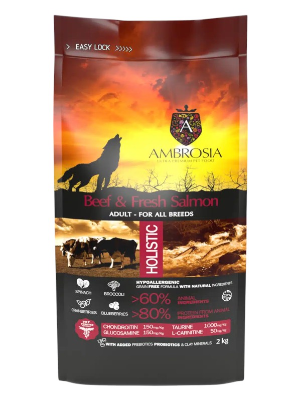 Ambrosia teraviljavaba kuivtoit koerale veise ja lõhega 2kg